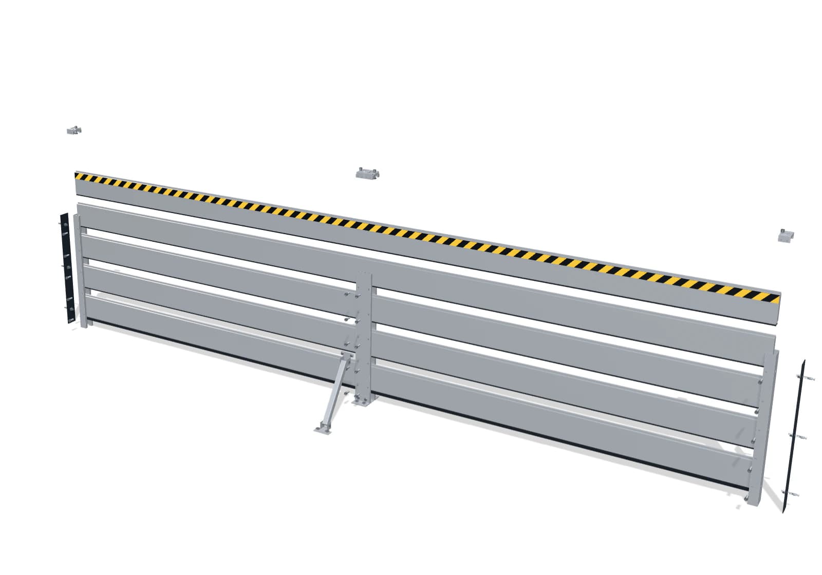 The same barrier pulled apart into its parts: posts, plank courses, seals, pressure caps, bolts and the center post's bracing.