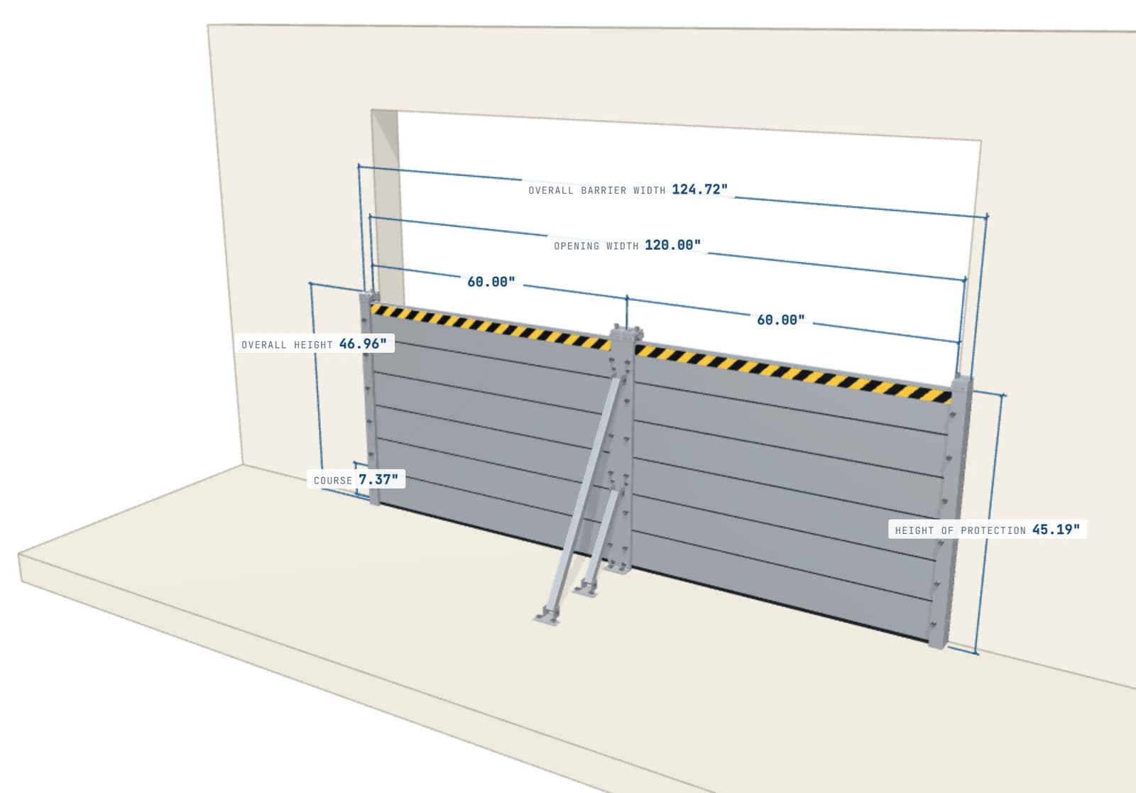 3D model of a 120-inch opening with six plank courses fixed to the wall face outside the opening, dimensioned.